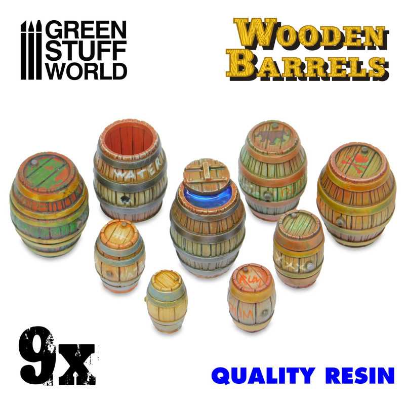 Green Stuff World 9x Resin Wooden Barrels available at Northumbrian Tin Soldier