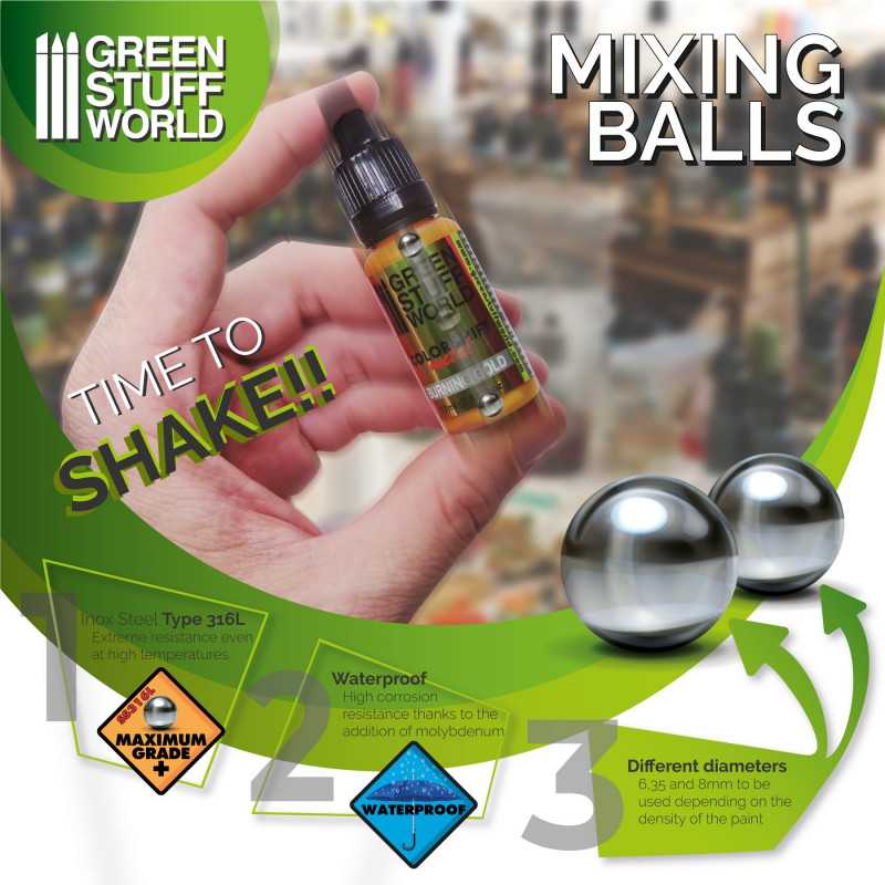 Green Stuff World Mixing Paint Steel Bearing Balls in 6.35mm available at Northumbrian Tin Soldier