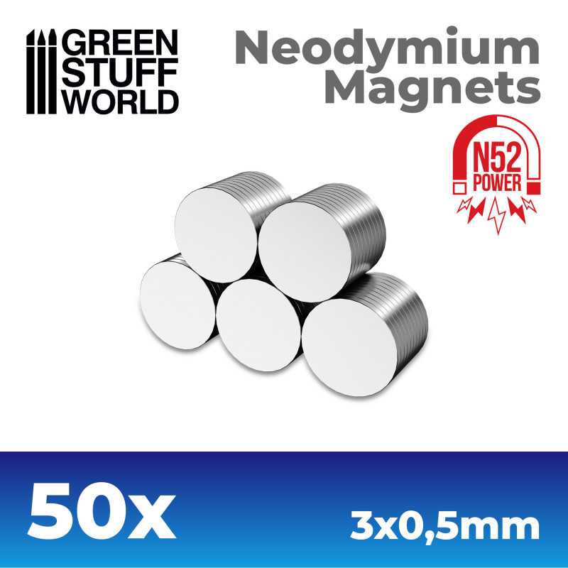 Green Stuff World Neodymium Magnets 3x0'5mm - 50 units (N52) available at Northumbrian Tin Soldier