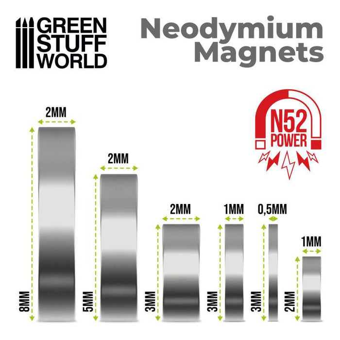 Green Stuff World Neodymium Magnets 3x1mm - 50 units (N52) available at Northumbrian Tin Soldier