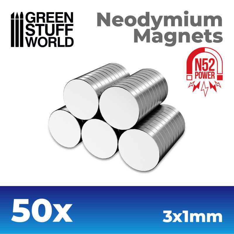 Green Stuff World Neodymium Magnets 3x1mm - 50 units (N52) available at Northumbrian Tin Soldier