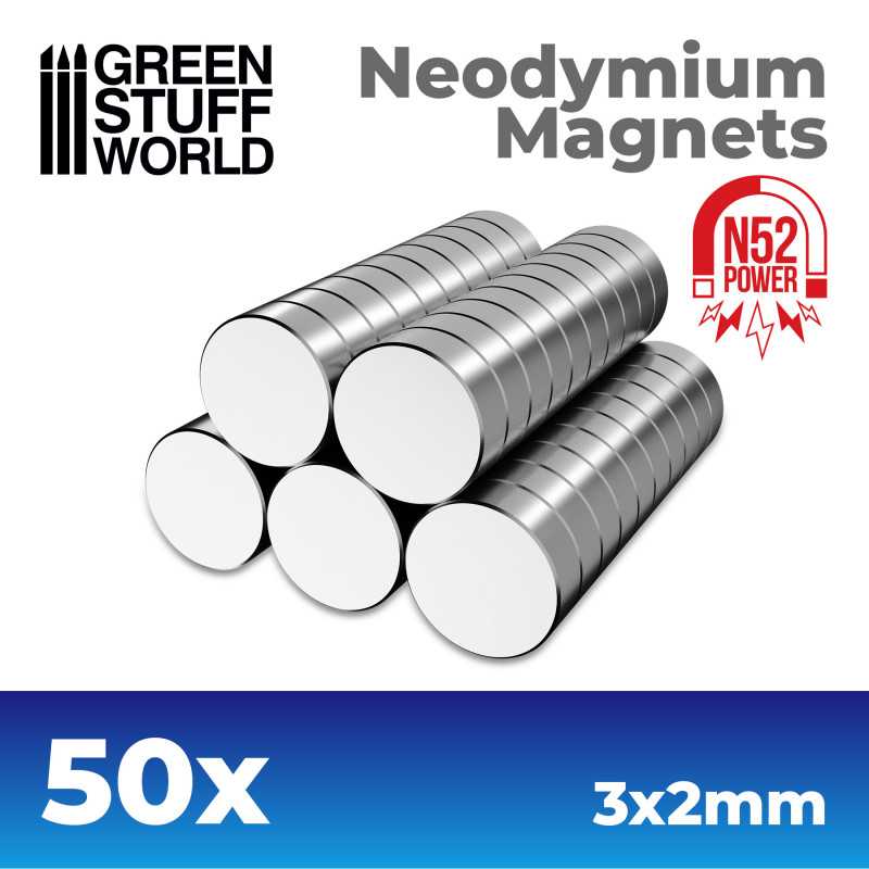 Green Stuff World Neodymium Magnets 3x2mm - 50 units (N52) available at Northumbrian Tin Soldier