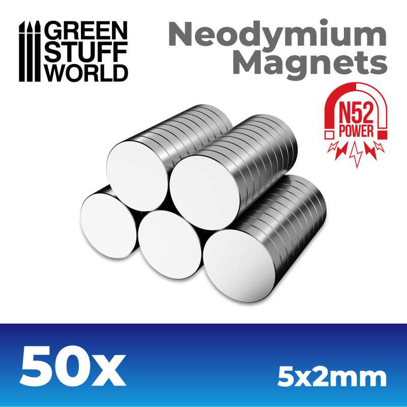 Green Stuff World Neodymium Magnets 5x2mm - 50 units (N52) available at Northumbrian Tin Soldier