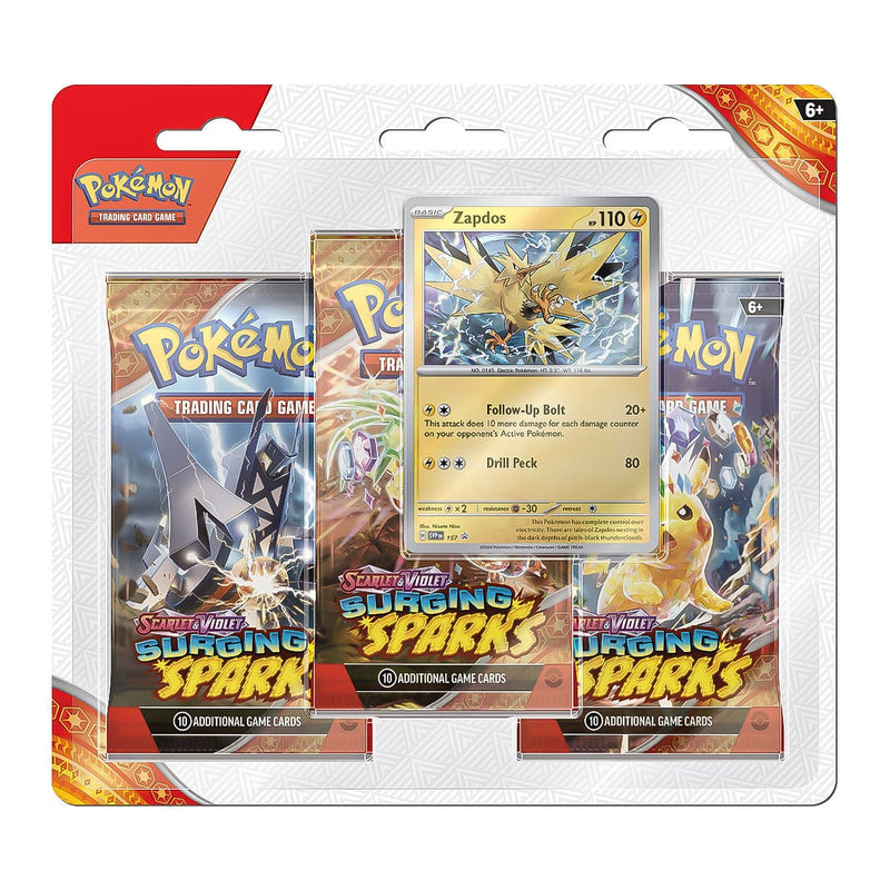 The Pokémon Company Pokémon - Scarlet & Violet - Surging Sparks - 3 Pack Blister - Zapdos available at Northumbrian Tin Soldier
