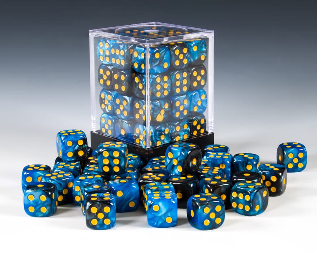 36x D6 Dice – Blue and Black Marble – 12mm – Northumbrian Tin Soldier